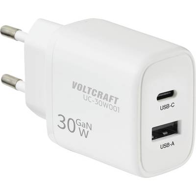 'Voltcraft UC-30W001 30W GaN witte oplader met USB-C en USB-A poorten, met twee-polige EU-stekker, compact design.'