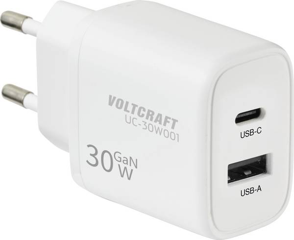 VOLTCRAFT UC-30W001 USB-oplader 30 W 1x USB-A, 1x USB-C Fast Charge, USB PD 3.0 Wit GaN