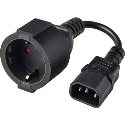 Zwart stroomadapterkabel met een ronde Europese-stijl vrouwelijke contactdoos aan het ene uiteinde en een driepolige IEC-stekker aan het andere uiteinde.