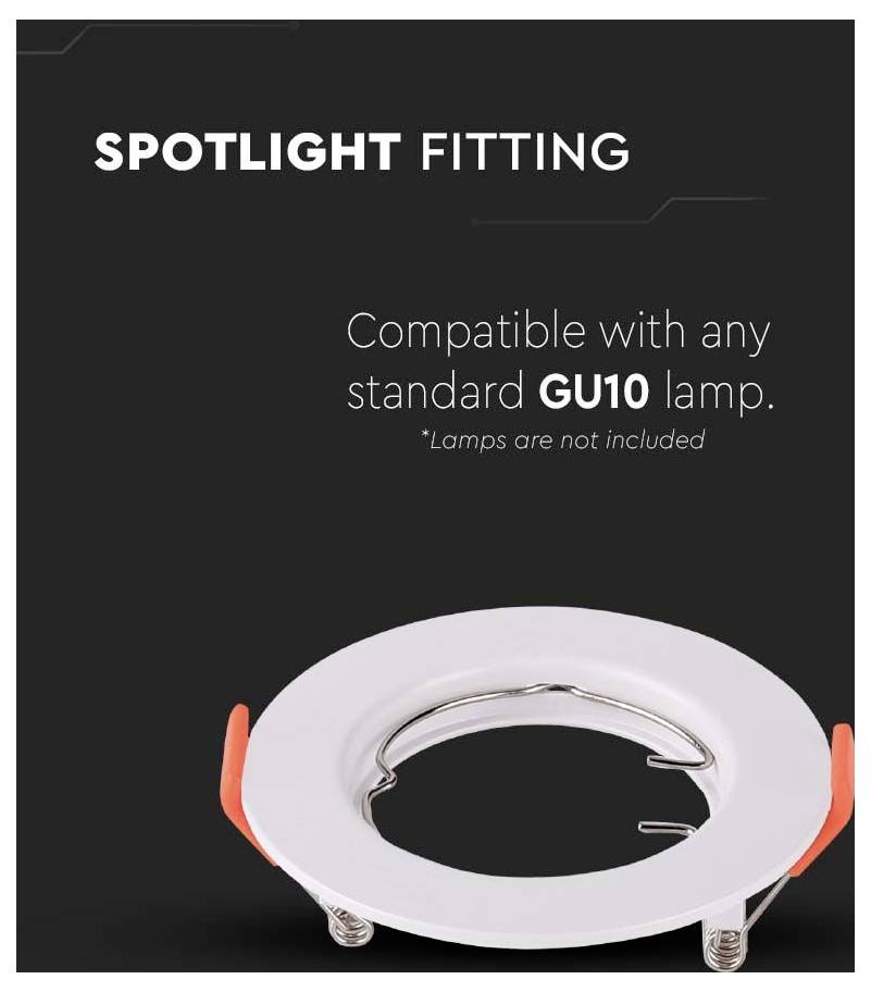 'Plafondspot. Compatibel met elke standaard GU10-lamp. *Lampen niet inbegrepen.' Afbeelding toont een ronde fitting tegen een zwarte achtergrond.