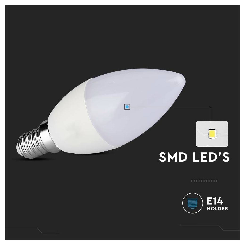 Een kaarsvormpige LED-lamp met 'SMD LED's' en 'E14 Houder' tekst belicht zijn eigenschappen op een donkere achtergrond.