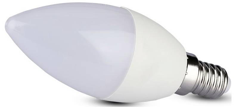 Een witte LED-lamp met een schroefvoet, liggend op zijn kant.
