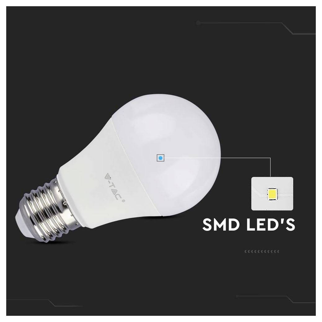 'Een witte SMD LED-lamp met focus op het LED-chip ontwerp. Tekst luidt: SMD LED's.'
