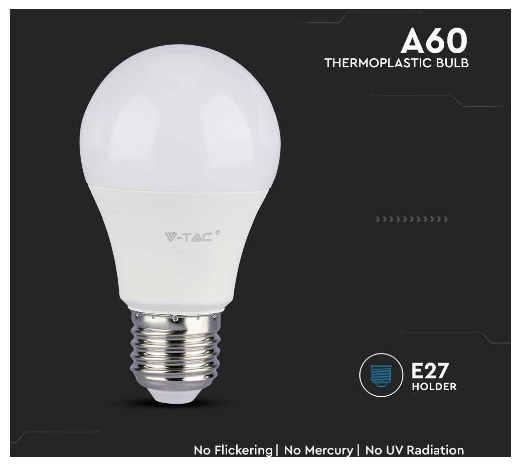 'Afbeelding van een V-TAC A60 thermoplastische LED-lamp met een E27-fitting. Tekst highlights: Geen flikkering, geen kwik, en geen UV-straling.'