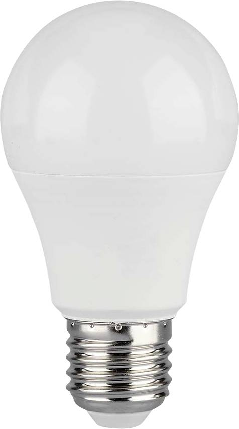 Een LED-lamp met een wit gemelkt koepeltje en een metalen voet, ontworpen voor standaard residentiële en commerciële verlichting.