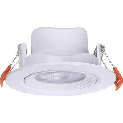 Een close-up van een ronde LED-inbouwplafondlamp met witte rand en twee metalen veerklemmen voor montage, met een lens in het midden.