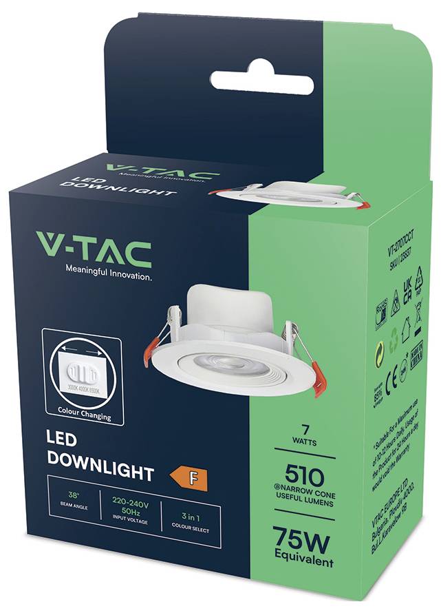 'V-TAC LED Downlight' armatuur met kleurveranderende LED met specificaties: 7 watt, 510 lumen, 75W equivalent, 3-in-1 kleurkeuze.