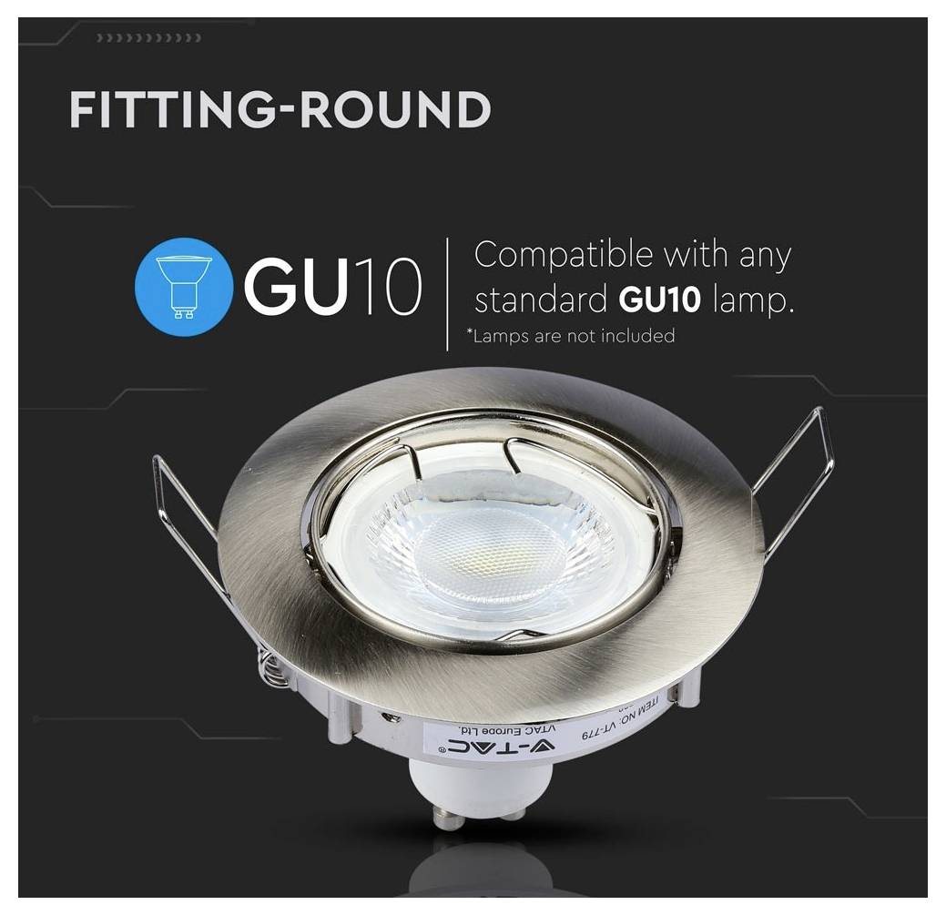 'Fitting-Rond: Compatibel met elke standaard GU10-lamp. *Lampen niet inbegrepen.' Afbeelding van een ronde lamphouder voor GU10-lampen.