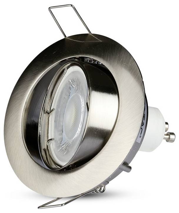 Een close-up afbeelding van een metalen, ronde LED-plafondspot met een GU10-fitting, waarbij het ontwerp en de bevestigingsklemmen worden getoond.