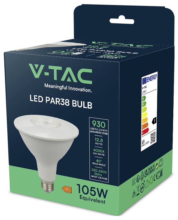 V-TAC LED PAR38 Lamp' verpakking met energie-efficiëntielabel, met 930 lumen, 12,8 watt, daglicht wit, 105W equivalent.