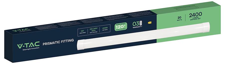 V-TAC Prismatische Armatuur' doos met een 20W LED-buis met een lichtopbrengst van 2400 lumen en een levensduur van 30.000 uur.