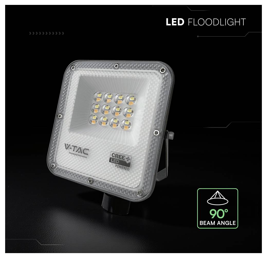 Een V-TAC LED schijnwerper met CREE LED-technologie, voorzien van een 90-graden stralingshoek, wordt weergegeven op een donkere achtergrond.