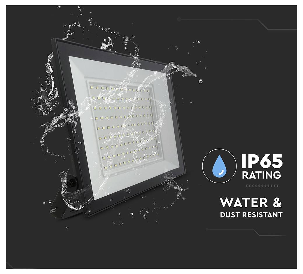 'LED-schijnwerper met watersproeier-effect. Tekst luidt: IP65-classificatie - Water- en stofbestendig.'