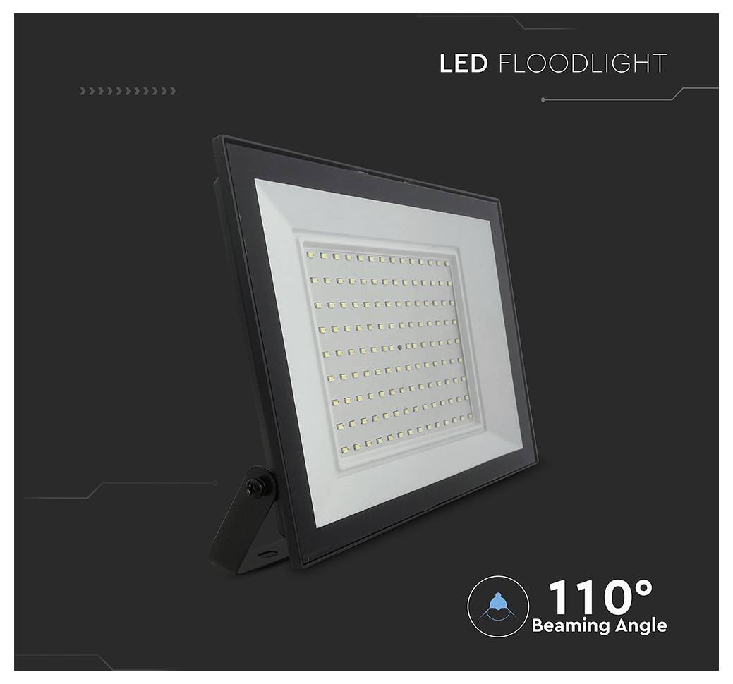 'LED schijnwerper' met een stralingshoek van 110 graden weergegeven op een donkere achtergrond.