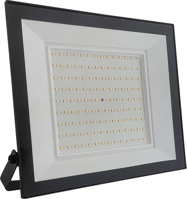 Een rechthoekige LED-schijnwerper met meerdere kleine lichtgevende diodes op het voorpaneel, ondergebracht in een zwart en zilver frame.