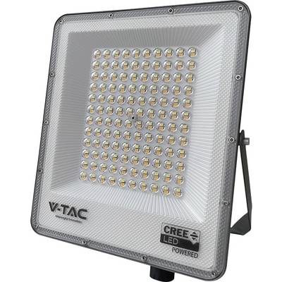 Een vierkante, V-TAC merk LED-schijnwerper met 100 kleine lampen in een rasteropstelling, voorzien van een metalen standaard voor montage.