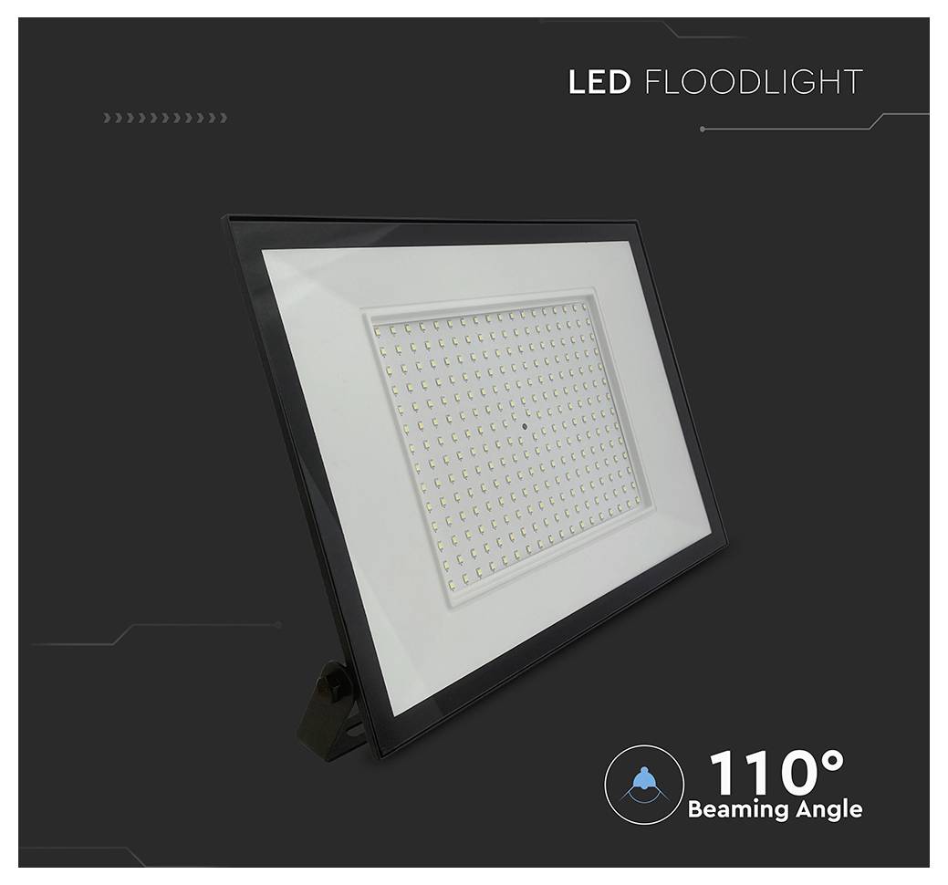'LED-schijnwerper' tegen een donkere achtergrond, met een openingshoek van 110°.