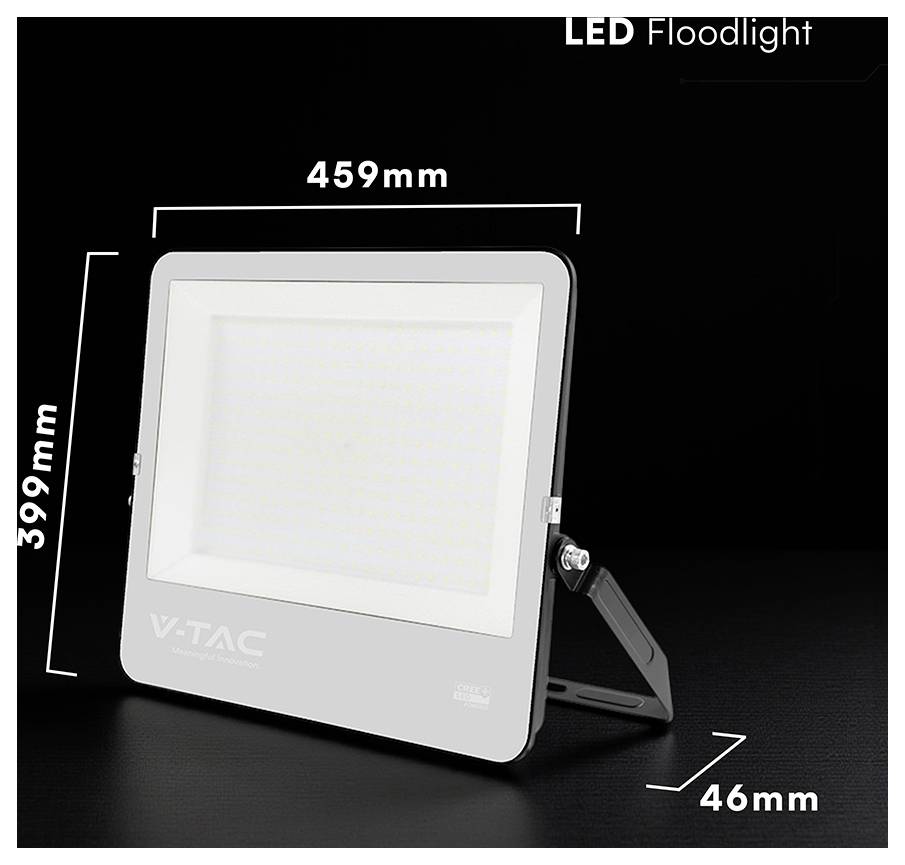 'LED-schijnwerper' met een rechthoekig frame en witte rand, afmetingen aangeduid als 459 mm breed, 399 mm hoog en 46 mm diep.