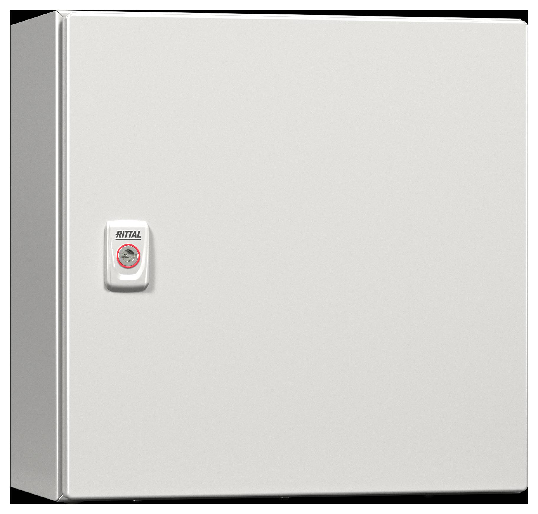 Een witte, rechthoekige elektrische behuizing met een klein, rond Rittal-logo aan de voorkant.