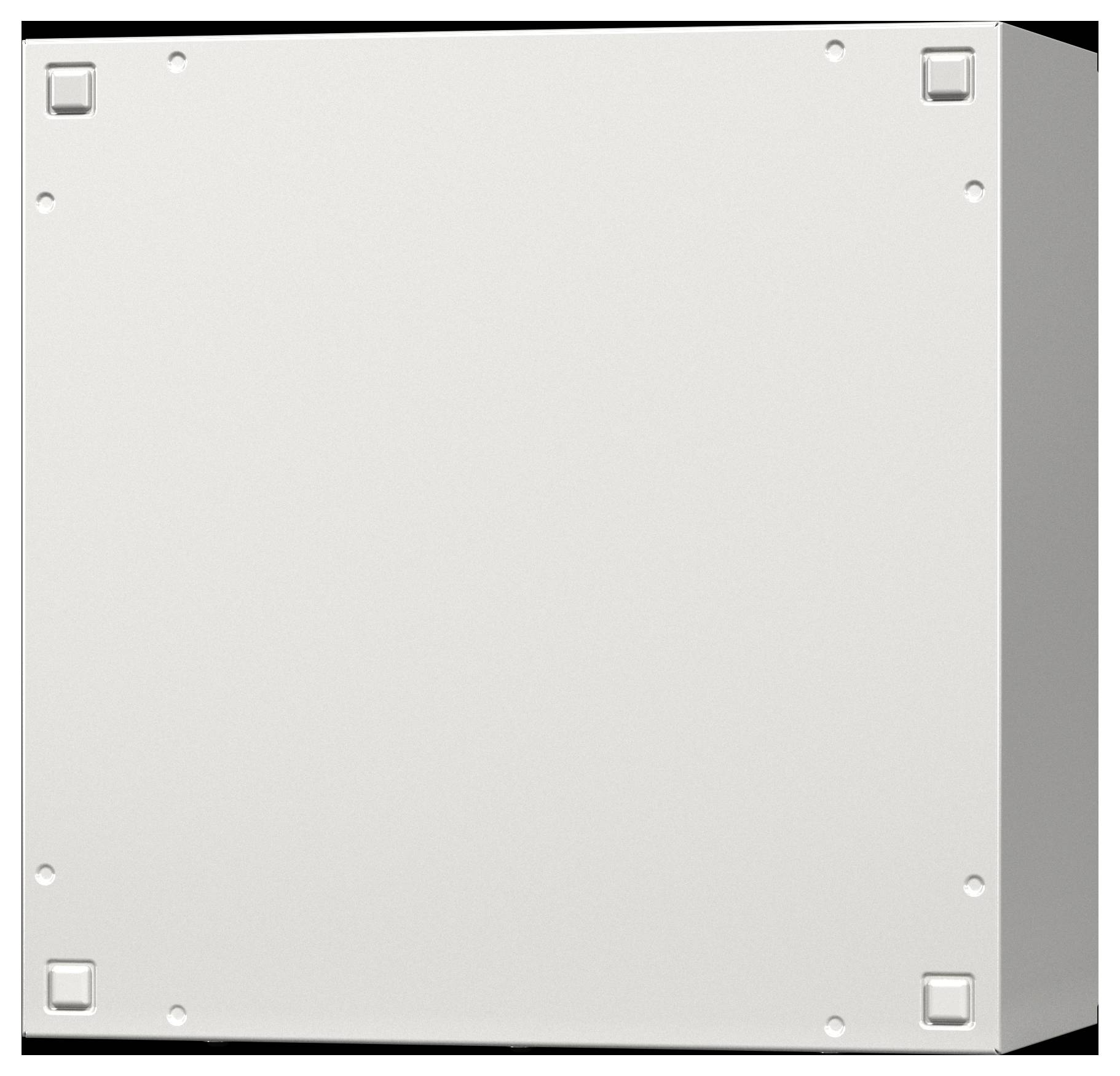 Een eenvoudige witte metalen doos met vier bevestigingspunten in de hoeken, doorgaans gebruikt voor het huisvesten van elektrische componenten of aansluitingen.