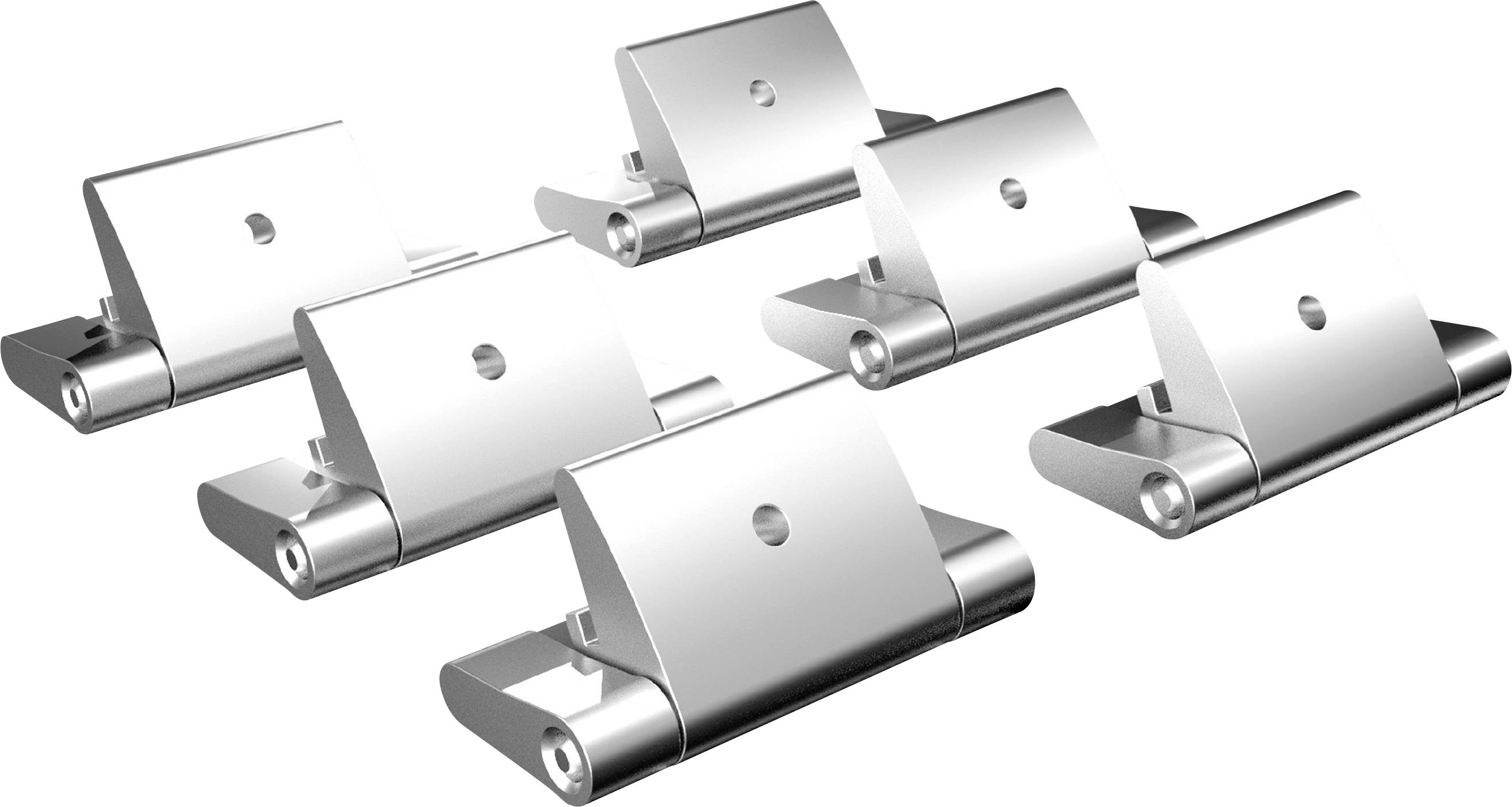 Zes zilveren metalen scharnieren, gelijkmatig verdeeld, gerangschikt in twee rijen, met een strakke, industrieel design.