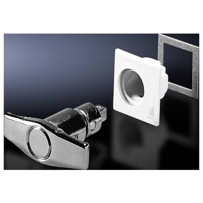 Een chroom en witte vergrendelingsinrichting met een vierkante metalen plaat, gebruikt voor het bevestigen van panelen of deuren.