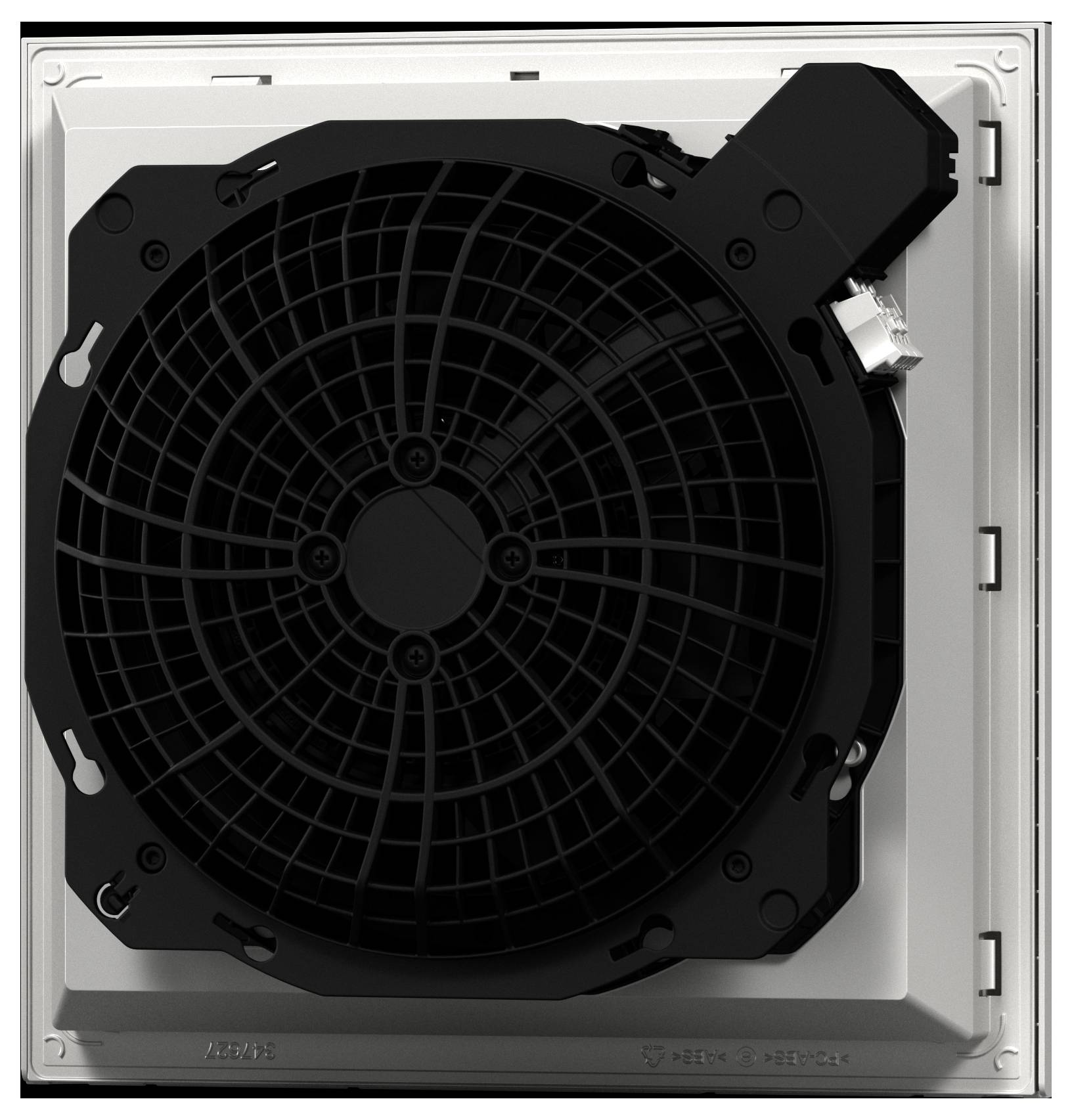 Een vierkante zwarte ventilator met beschermend rooster, gemonteerd in een metalen frame.