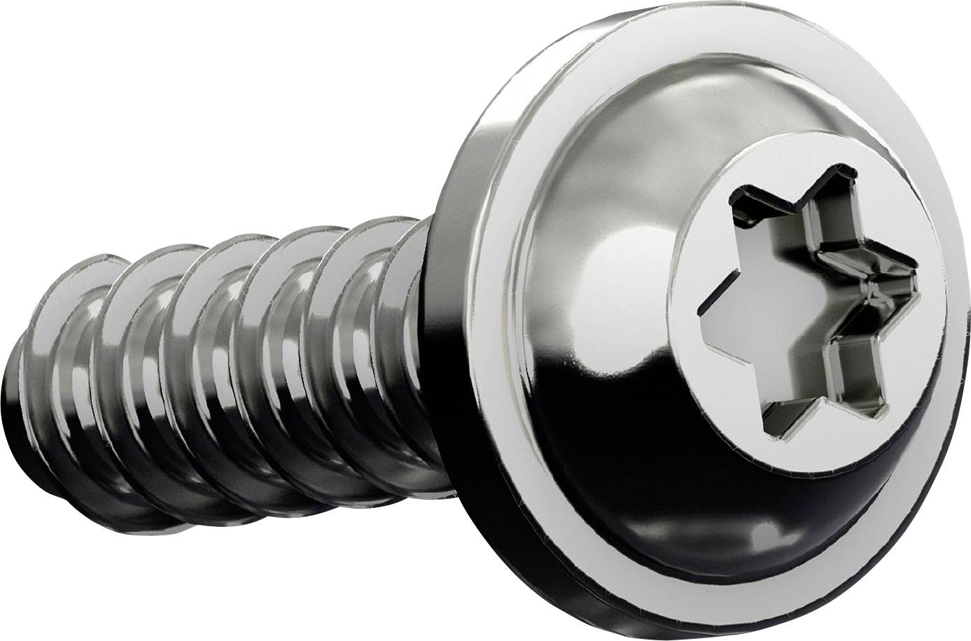 Een close-upafbeelding van een glimmende, metalen schroef met een Phillips-kopf, waarop de schroefdraad en de ronde kop tegen een effen achtergrond zichtbaar zijn.