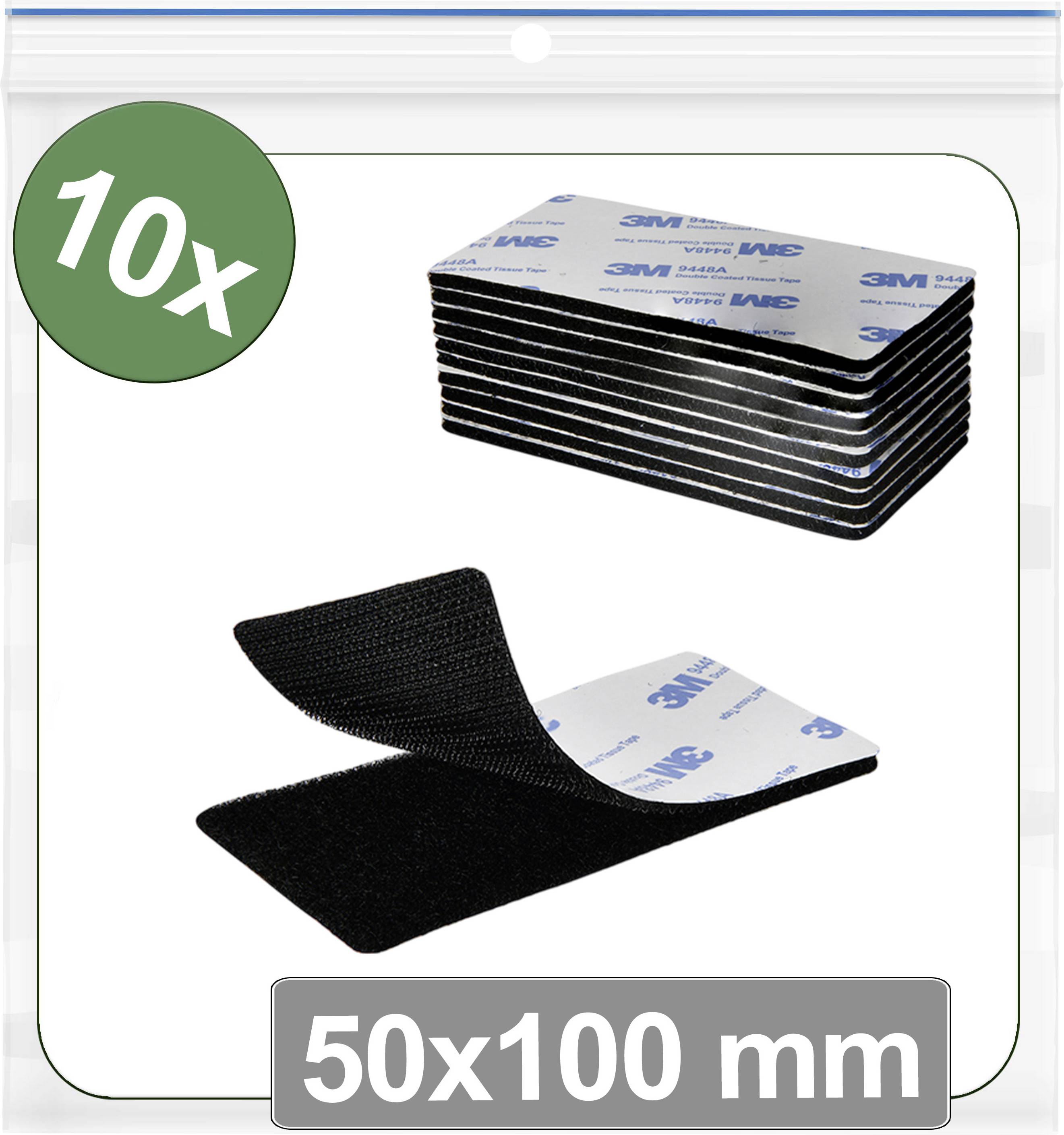 Verpakking van 10 rechthoekige kleefpads, 50x100 mm, met zwarte klittenbandbacking, gestapeld en afzonderlijk weergegeven.