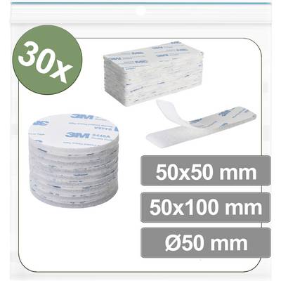 Een pakket met hechtende pads bevat 30 stuks. Drie maten worden getoond: 50x50 mm, 50x100 mm en Ø50 mm.
