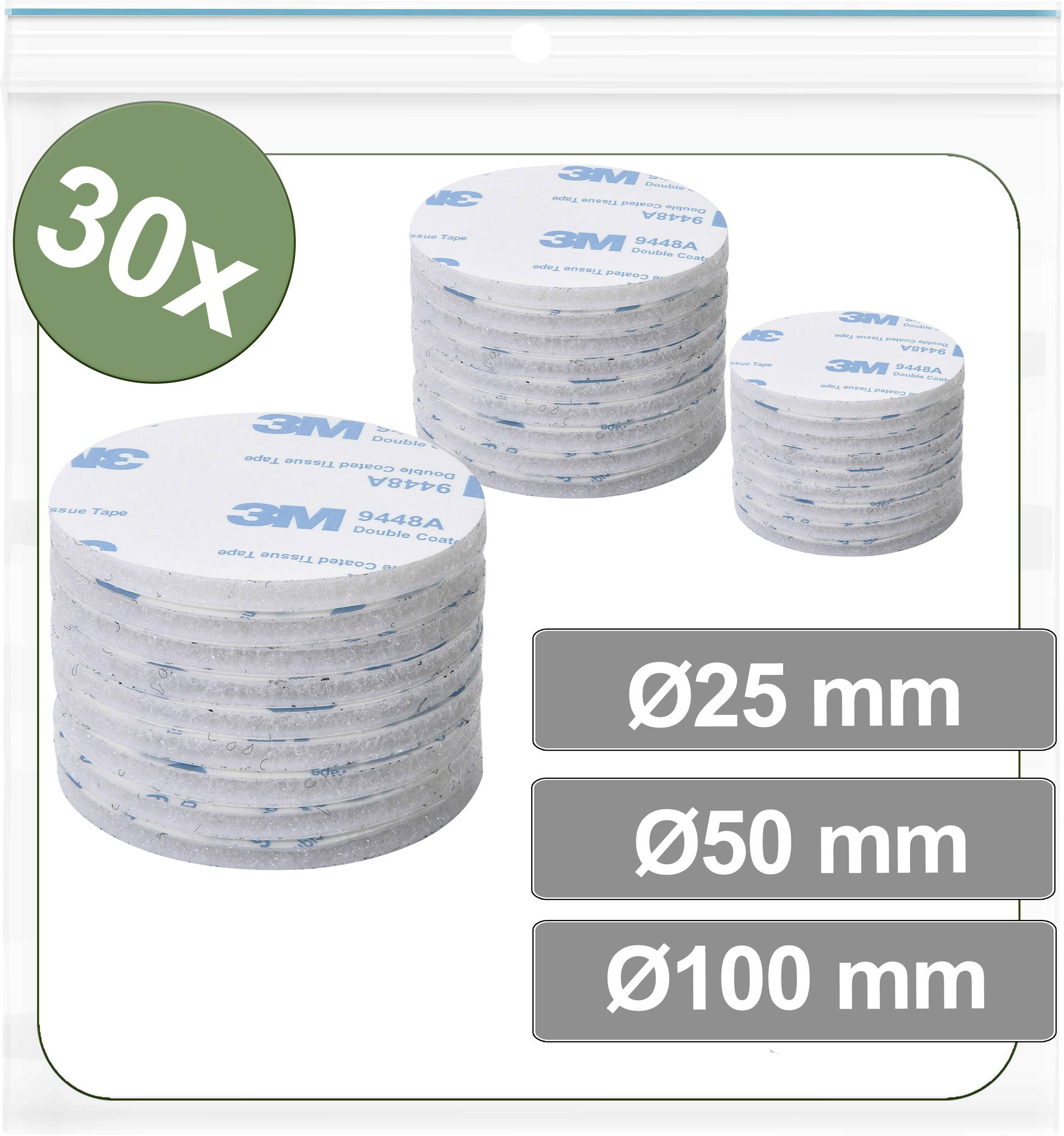 'Ritszak met dertig 3M kleefpads in ronde vorm met verschillende formaten: 25mm, 50mm en 100mm diameter.'