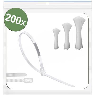 '200x witte nylon kabelbinders' weergegeven in een transparante plastic zak. Drie bundels kabelbinders worden rechts in stapels weergegeven.