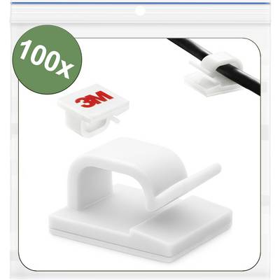 Kunststof kabelclips met plakbare achterkant voor het organiseren van kabels, weergegeven in een open verpakking met het label '100x', voorzien van een 3M-merksticker.