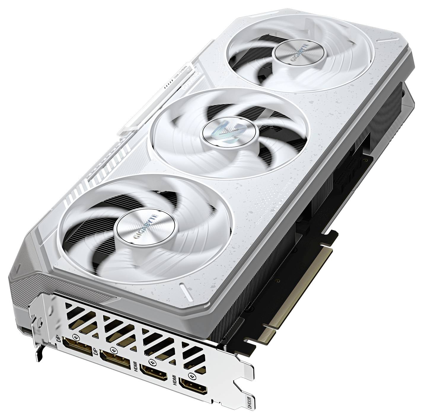 Een moderne grafische kaart met drie grote koelventilatoren en meerdere beelduitgangen, ontworpen voor taken met hoge prestatie-eisen.