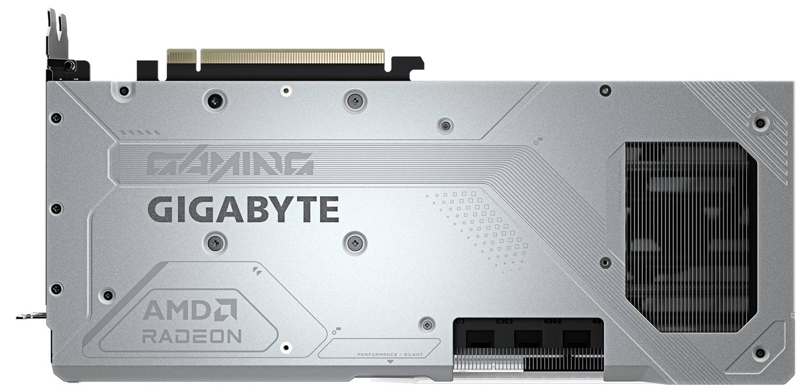 Zilveren videokaart met 'GIGABYTE Gaming' en 'AMD Radeon' tekst; voorzien van een ventilatierooster en gouden PCIe-aansluiting, gezien van achteren.