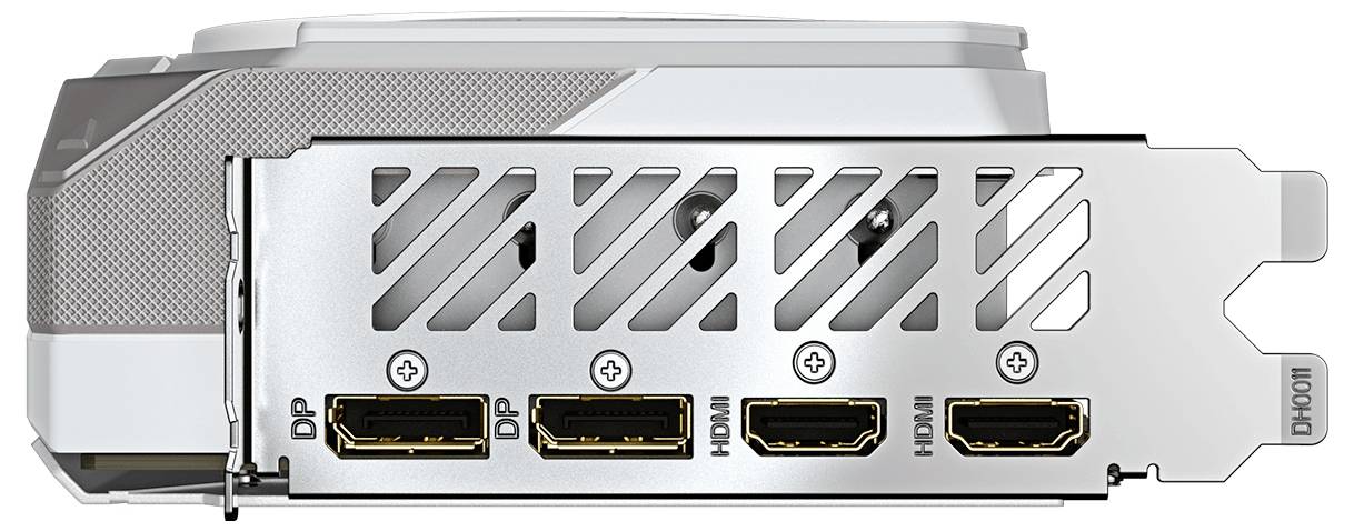 De afbeelding toont een achterpaneel van een grafische kaart met drie DisplayPort- en één HDMI-poort, horizontaal gerangschikt op een metalen beugel.