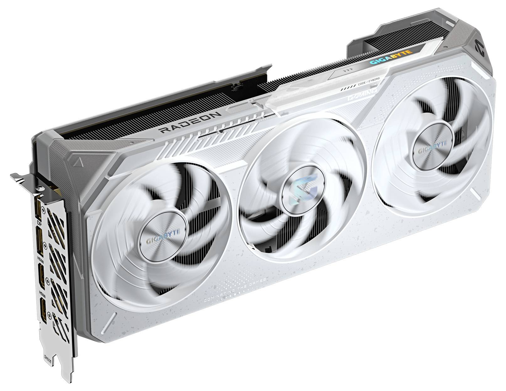 Een videokaart met drie koelventilators, gemarkeerd met 'GIGABYTE' op de ventilatoren en voorzien van HDMI- en DisplayPort-aansluitingen op het zijpaneel.