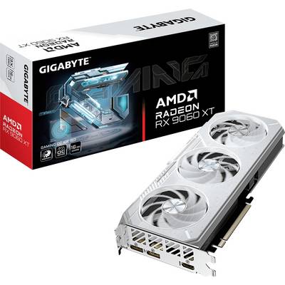 De afbeelding toont een Gigabyte AMD Radeon RX 6950 XT videokaart en zijn verpakking, waarbij de drie koelventilators en merkidentiteit worden benadrukt.