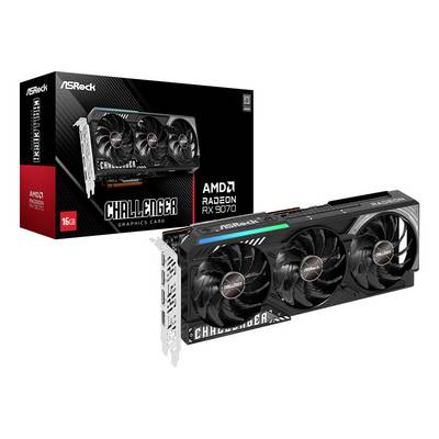 ASRock Challenger AMD Radeon RX 7900 grafische kaart met drievoudige koelventilators en 16GB geheugen, weergegeven met verpakkingsdoos op de achtergrond.