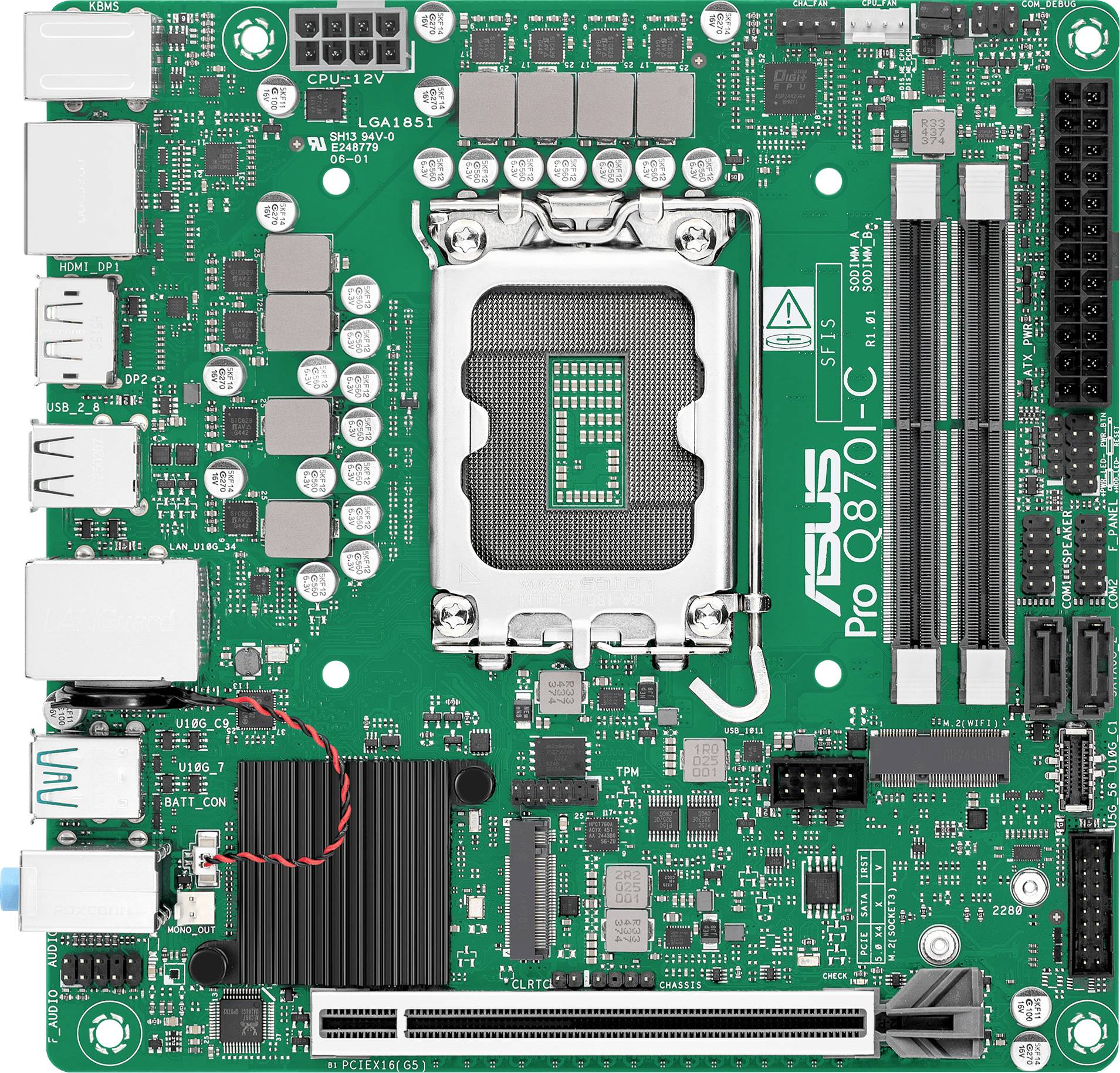 Groene computermoederbord met verschillende componenten, waaronder een CPU-socket, RAM-sleuven en uitbreidingspoorten. Op het bord zijn het merk en model 'ASUS Pro Q87T-C' zichtbaar.