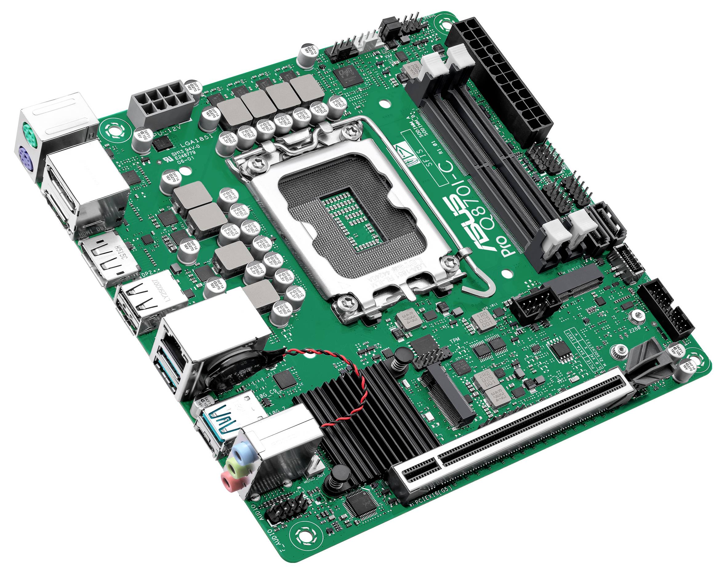 'ASUS Pro B760M-C moederbord' met meerdere poorten, aansluitingen en componenten voor computerassemblage. Ontworpen voor efficiënte prestaties.