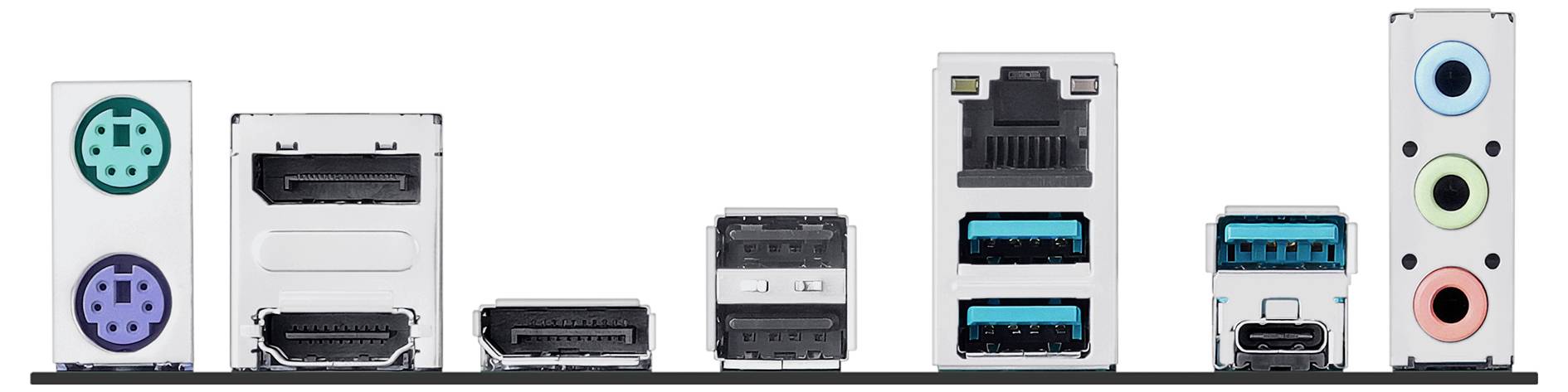 'Een computermoederbord IO-paneel met verschillende poorten: PS/2, HDMI, DisplayPort, USB, Ethernet, USB-C en audio-aansluitingen.'