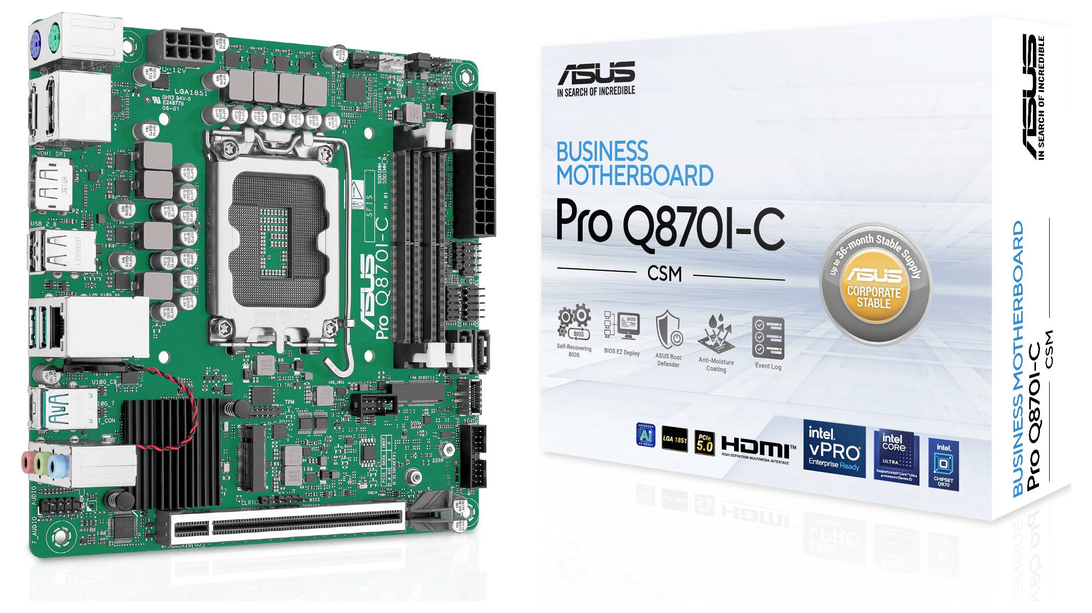 ASUS Pro Q870M-C CSM bedrijfsmoederbord, getoond naast zijn verpakking, met Intel vPro-ondersteuning en uitgebreide connectiviteitsopties.