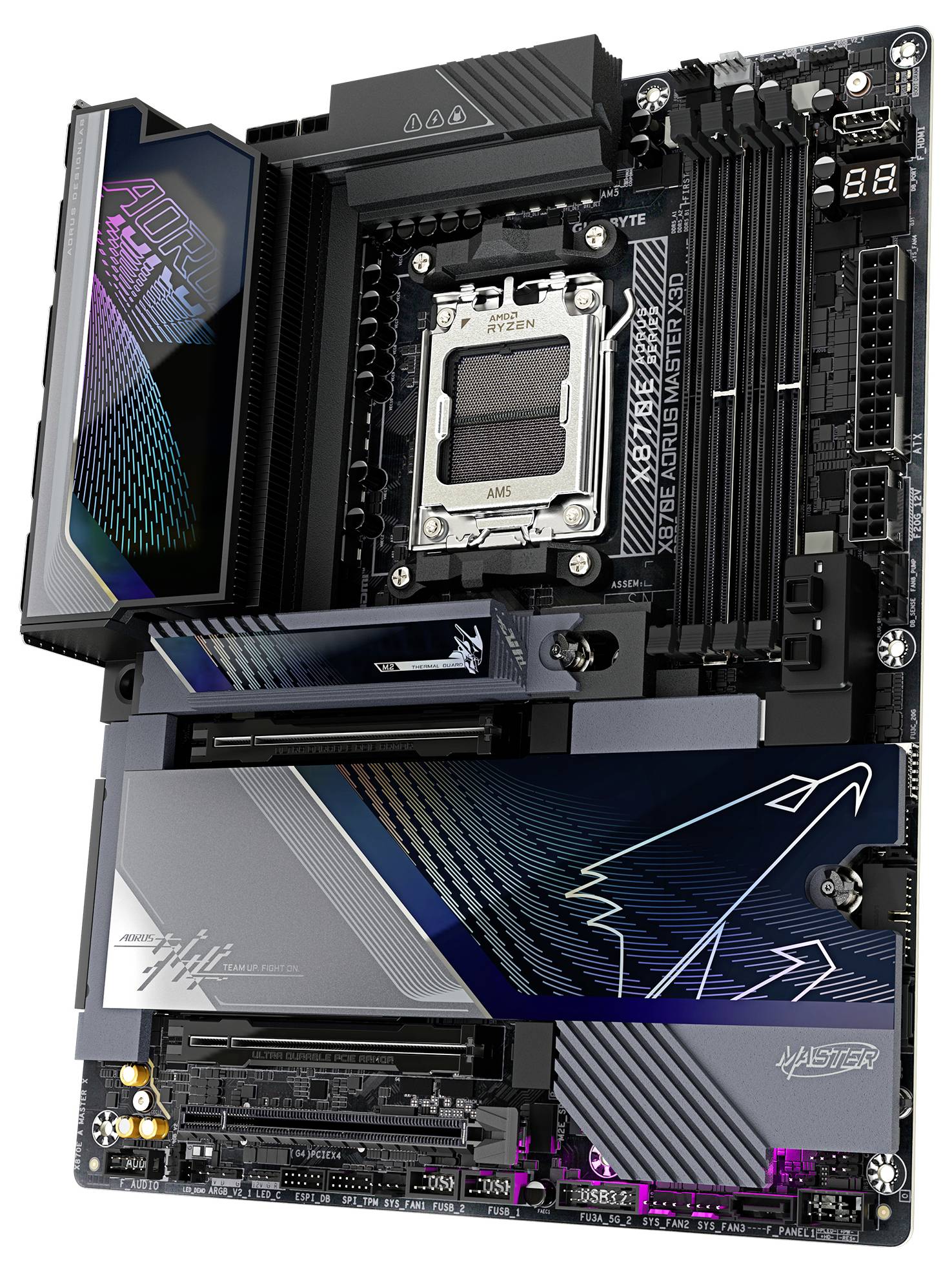 Een computermoederbord met meerdere sleuven en poorten, voorzien van een prominente "AORUS" logo en strakke, futuristische designelementen.