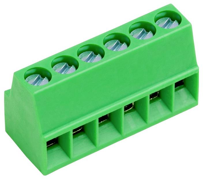 Een groen elektriciteitsblok met zes aansluitingspunten, gebruikt voor het verbinden van elektrische draden, geïsoleerd op een witte achtergrond.