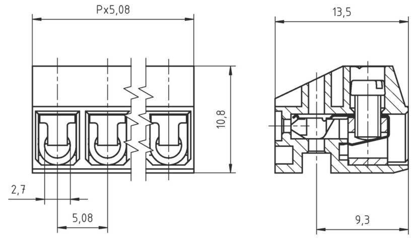 'Technische tekening van een connector met afmetingen: 13,5 mm lengte, 5,08 mm steek, en 10,8 mm hoogte. Gedetailleerde zij- en bovenaanzichten.'
