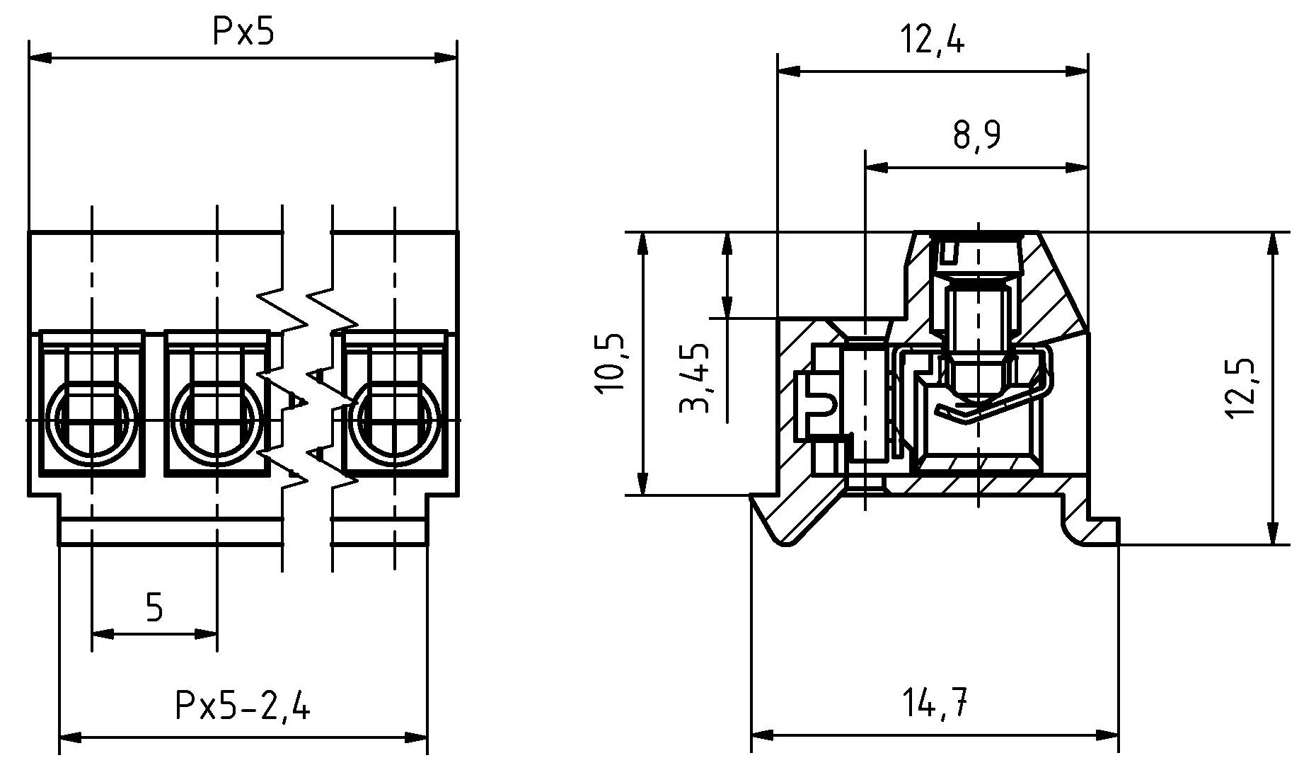 'Technische tekening met afmetingen van een elektrische connector: breedte 12,4 mm, hoogte 10,5 mm en diepte 12,5 mm, met details van de afstand.'