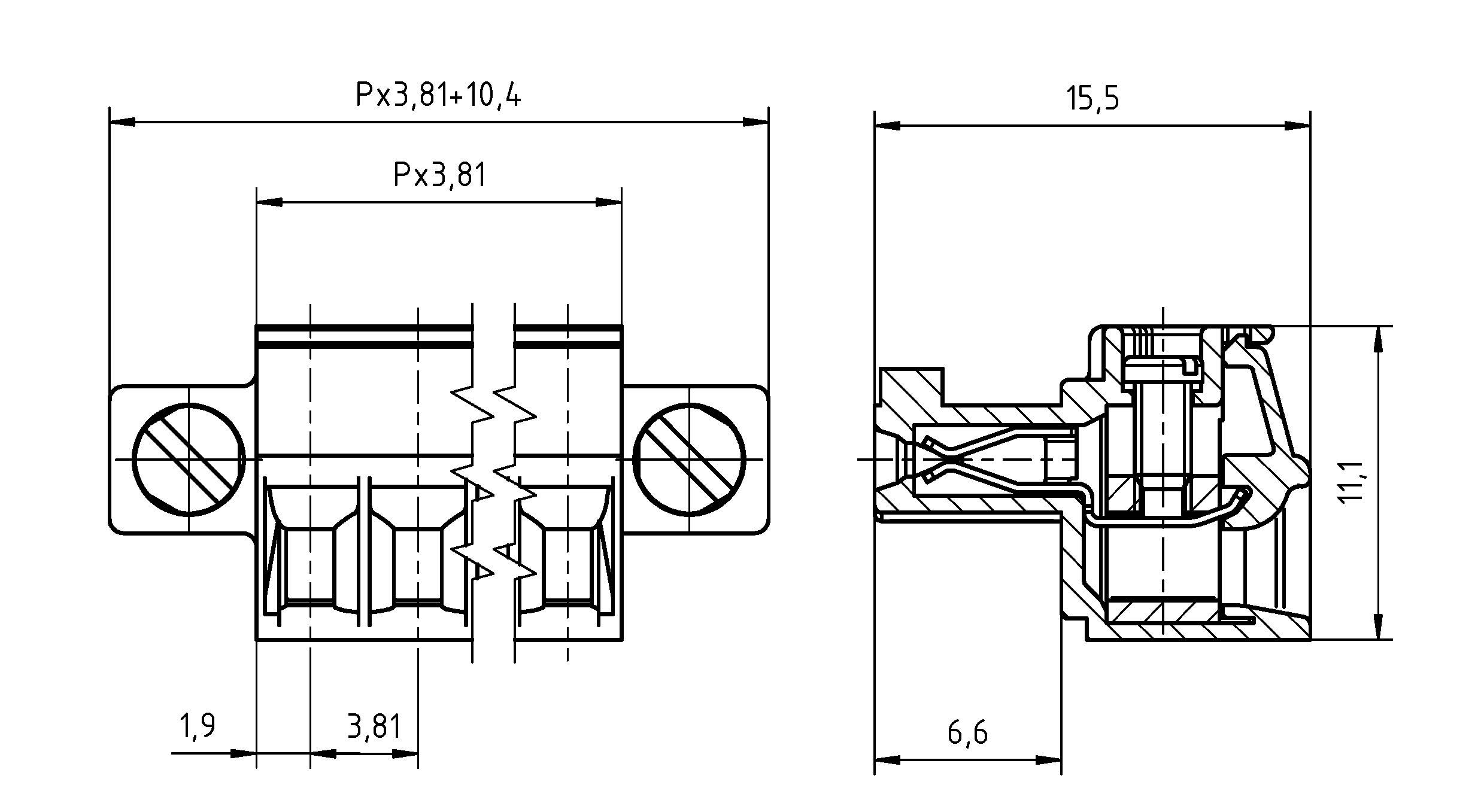'Technische tekening van mechanische component met afmetingen: breedte 3,81, lengte 10,4, hoogte 15,5. Doorsnedezicht toont interne details.'