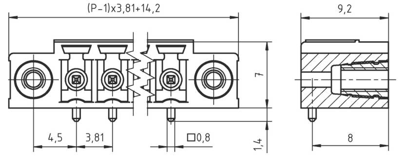 'Technische tekening van een elektrische component met aangegeven afmetingen; voor- en zijaanzicht weergegeven, met schroefklemmen en behuizingsprofiel.'
