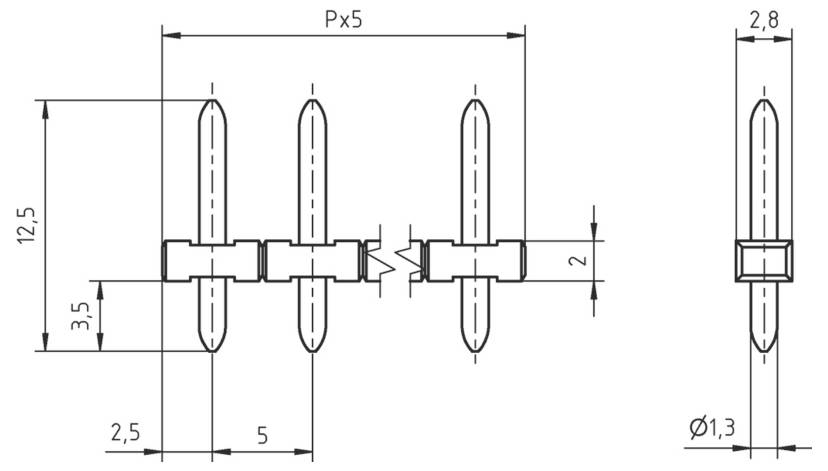 Een technische tekening met afmetingen van een onderdeel met drie pennen en een driehoekige sectie, met gedetailleerde maten in millimeters.